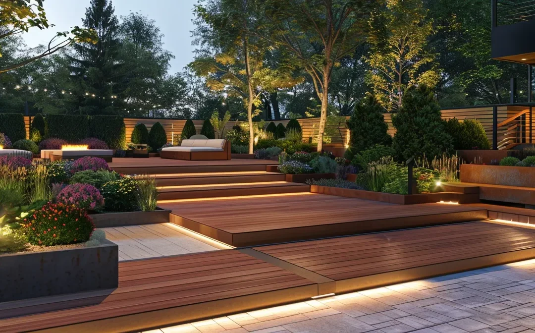 Lush spring 2025 landscaping trends with modern outdoor elements.